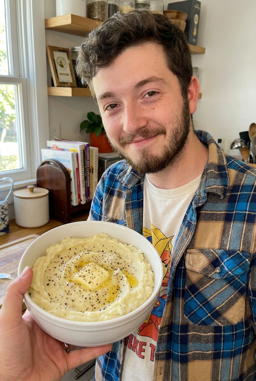 Creamy mashed potatoes with a pat of butter and cracked pepper