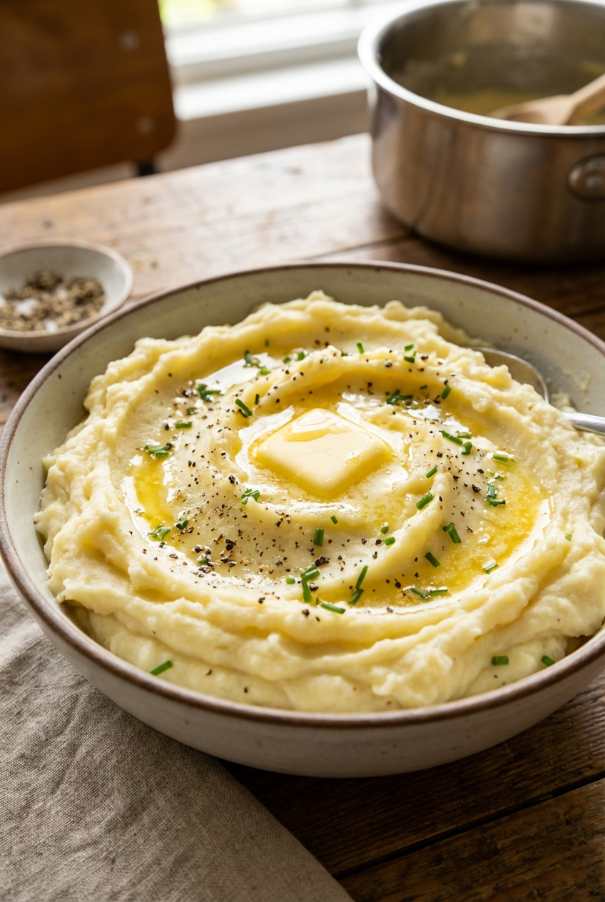 Creamy mashed potatoes with a pat of butter melting on top