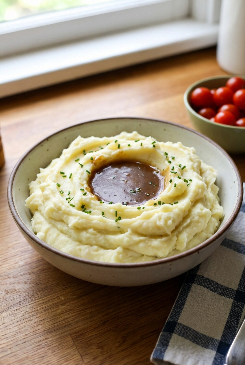 Creamy mashed potatoes with a small pool of gravy on top