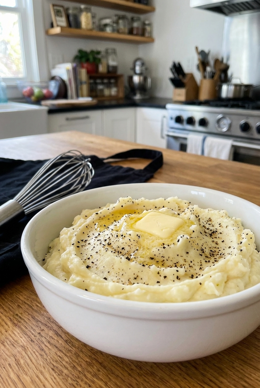 Creamy mashed potatoes with butter and cracked pepper in a white bowl