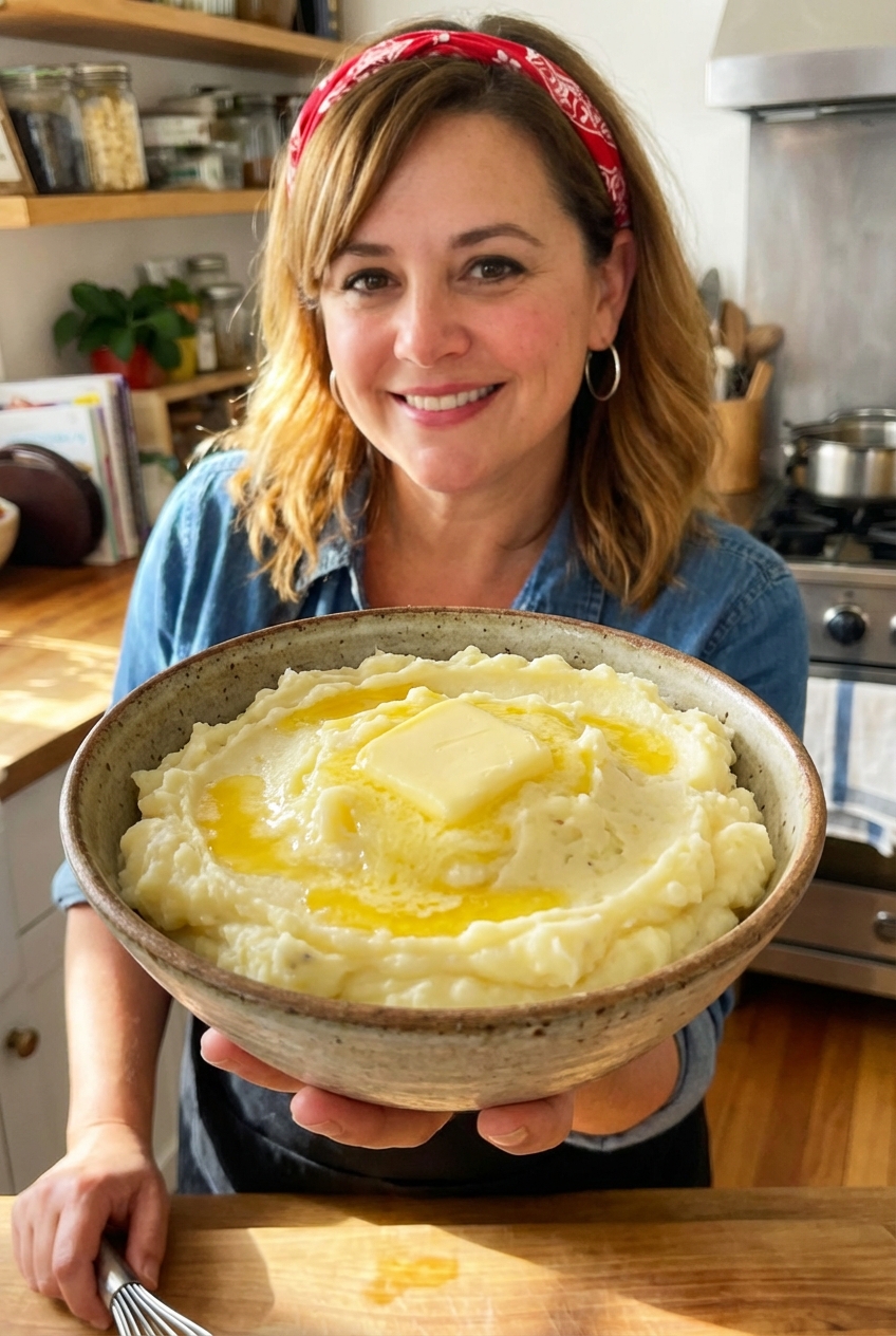 Creamy mashed potatoes with butter melting on top in a bowl