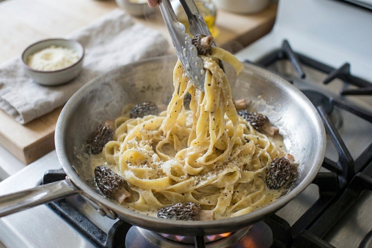 Creamy morel pasta being tossed in a skillet with tongs as the sauce turns glossy and clings to the noodles