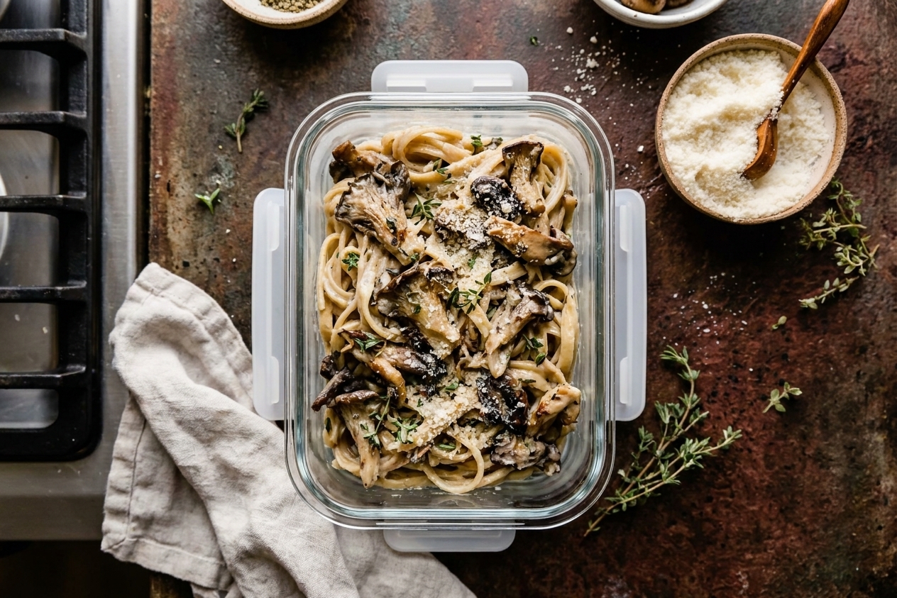Creamy mushroom pasta stored in a clear glass meal prep container with a snapped-on lid on a kitchen counter