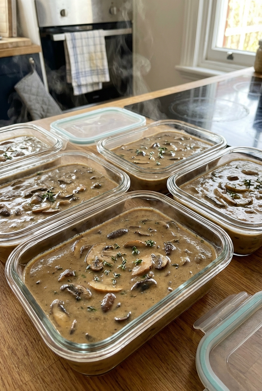 Creamy mushroom soup cooling in meal prep containers on a kitchen counter