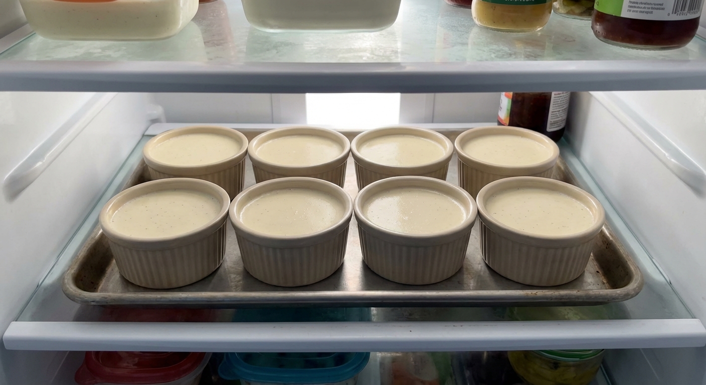 Creamy panna cotta setting in small ramekins on a baking sheet in a refrigerator