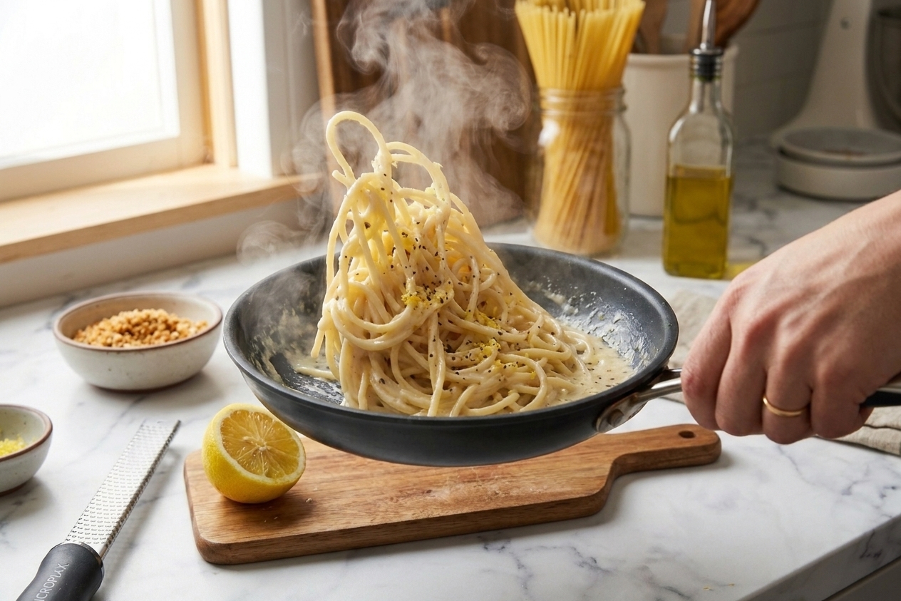 Creamy pasta being tossed in a skillet with a lemon half nearby and steam rising in a home kitchen