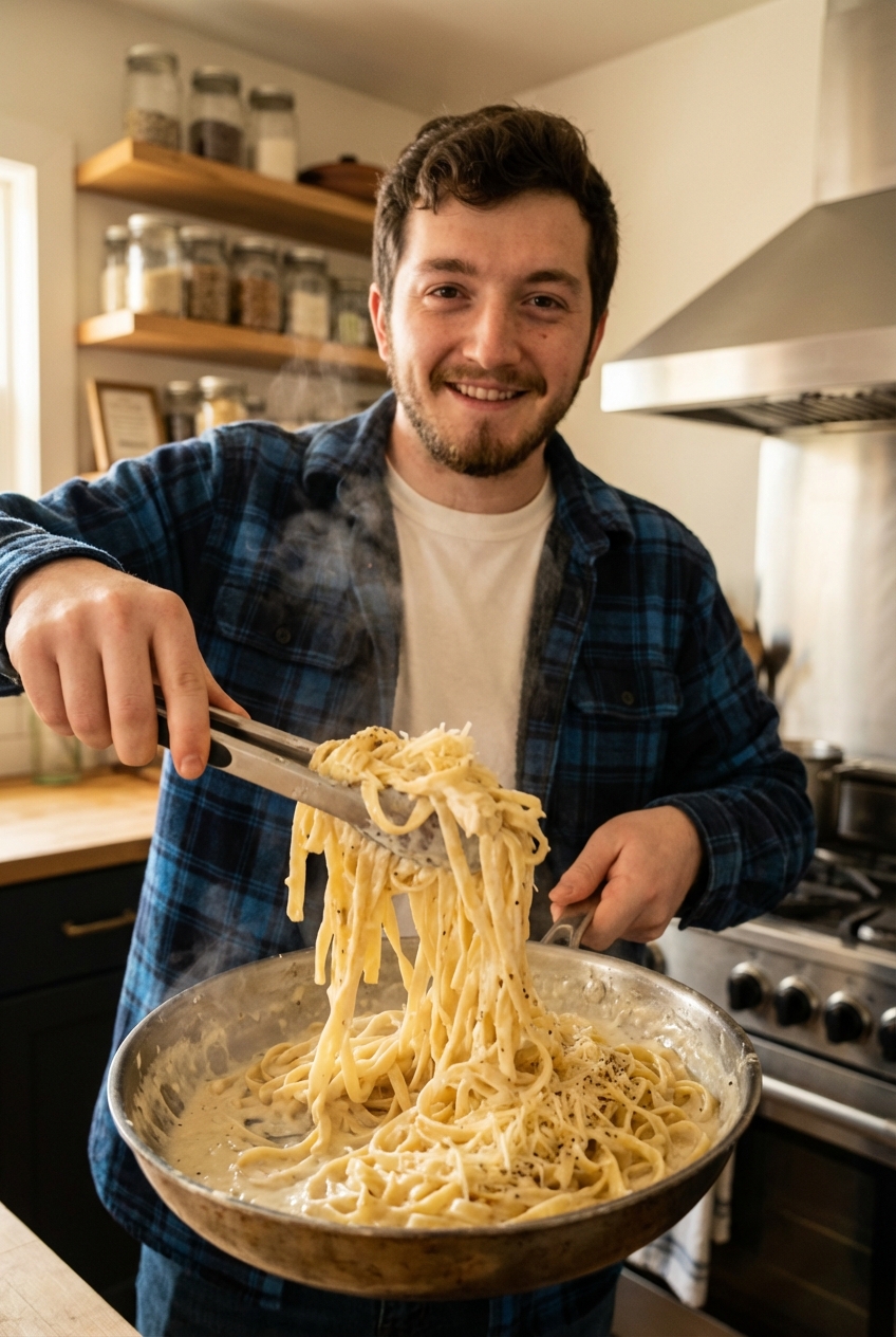 Creamy pasta being tossed in a skillet with tongs while Parmesan melts into the sauce