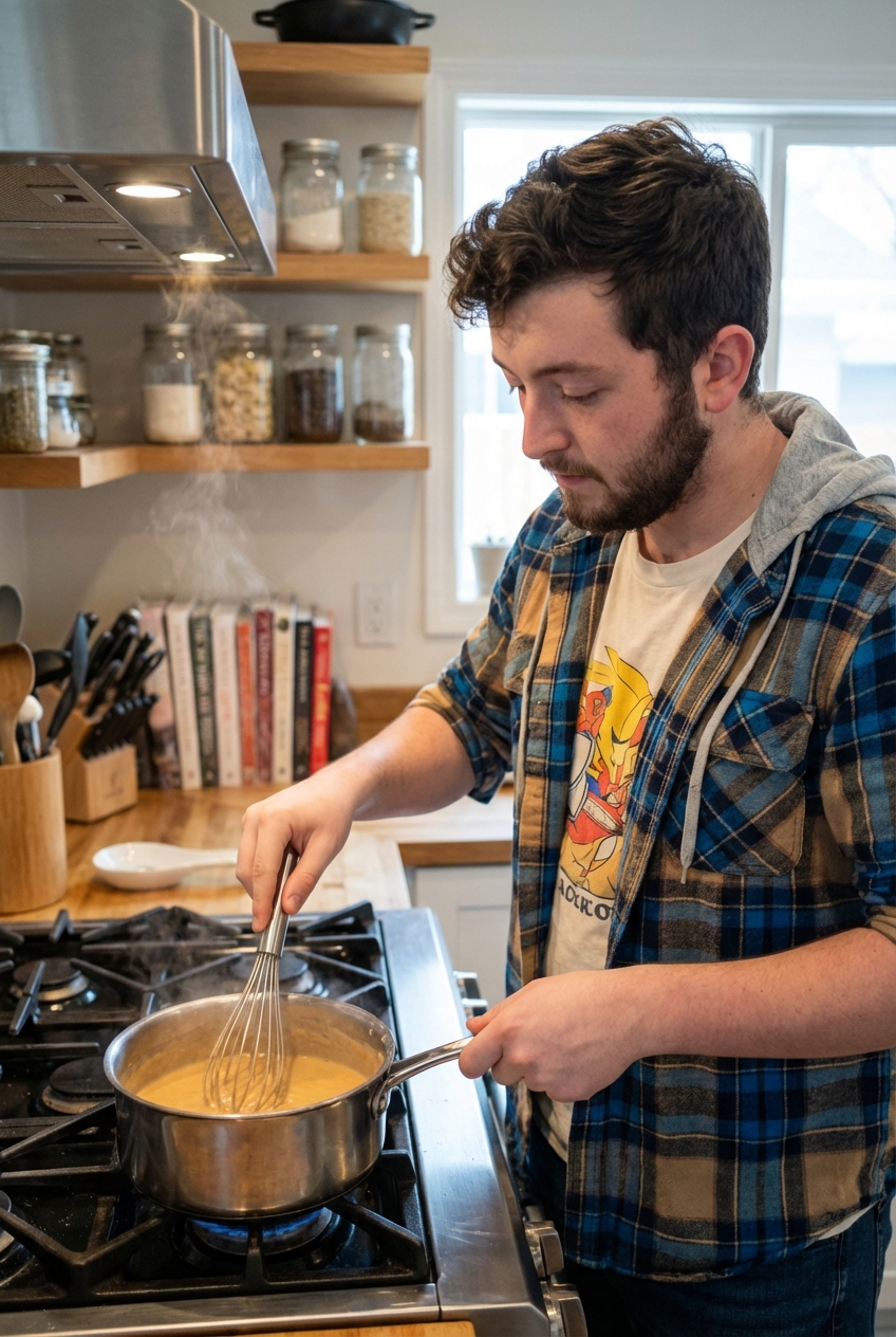 Creamy peanut sauce being whisked in a small saucepan on a stovetop