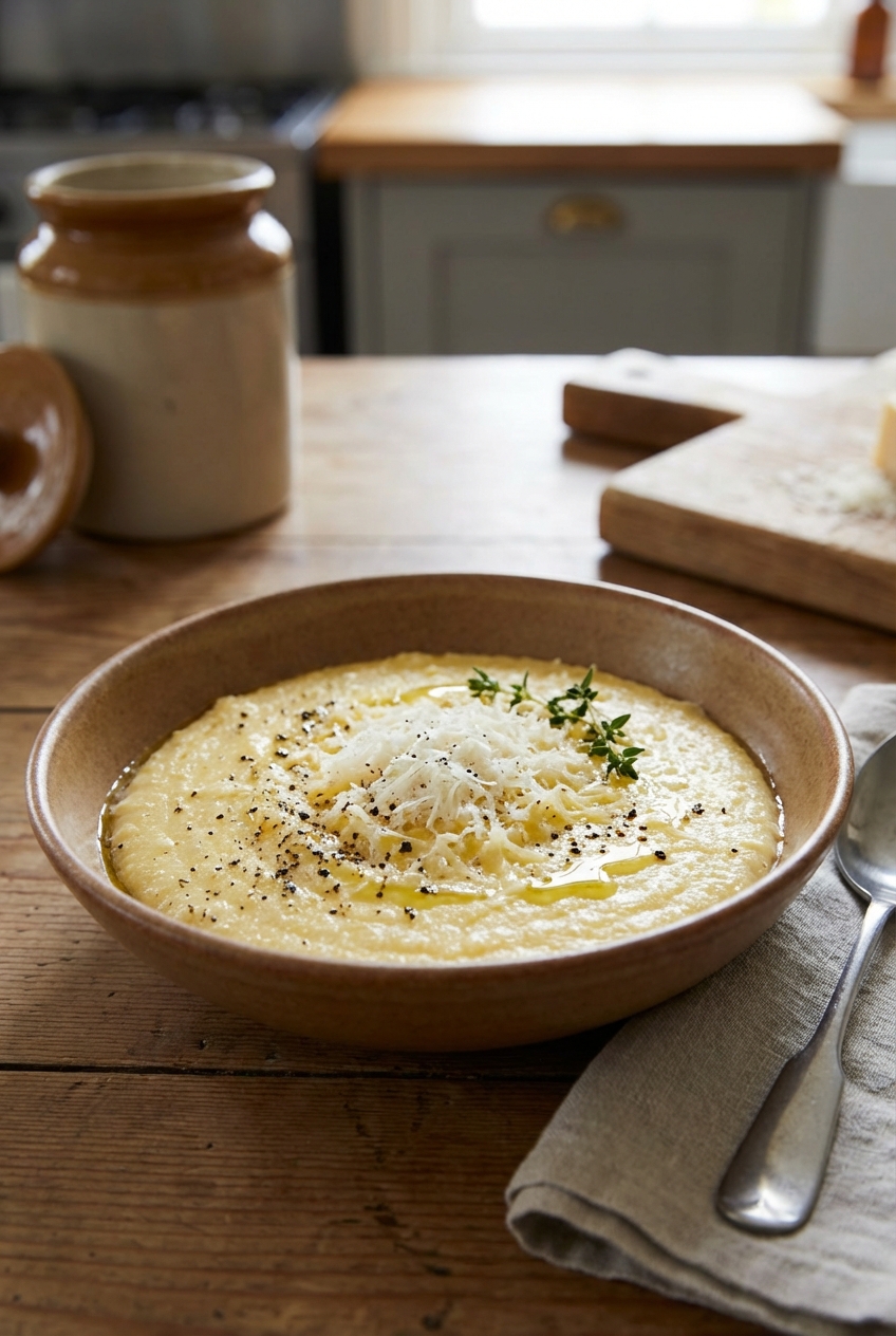 Creamy polenta in a shallow bowl with parmesan and black pepper