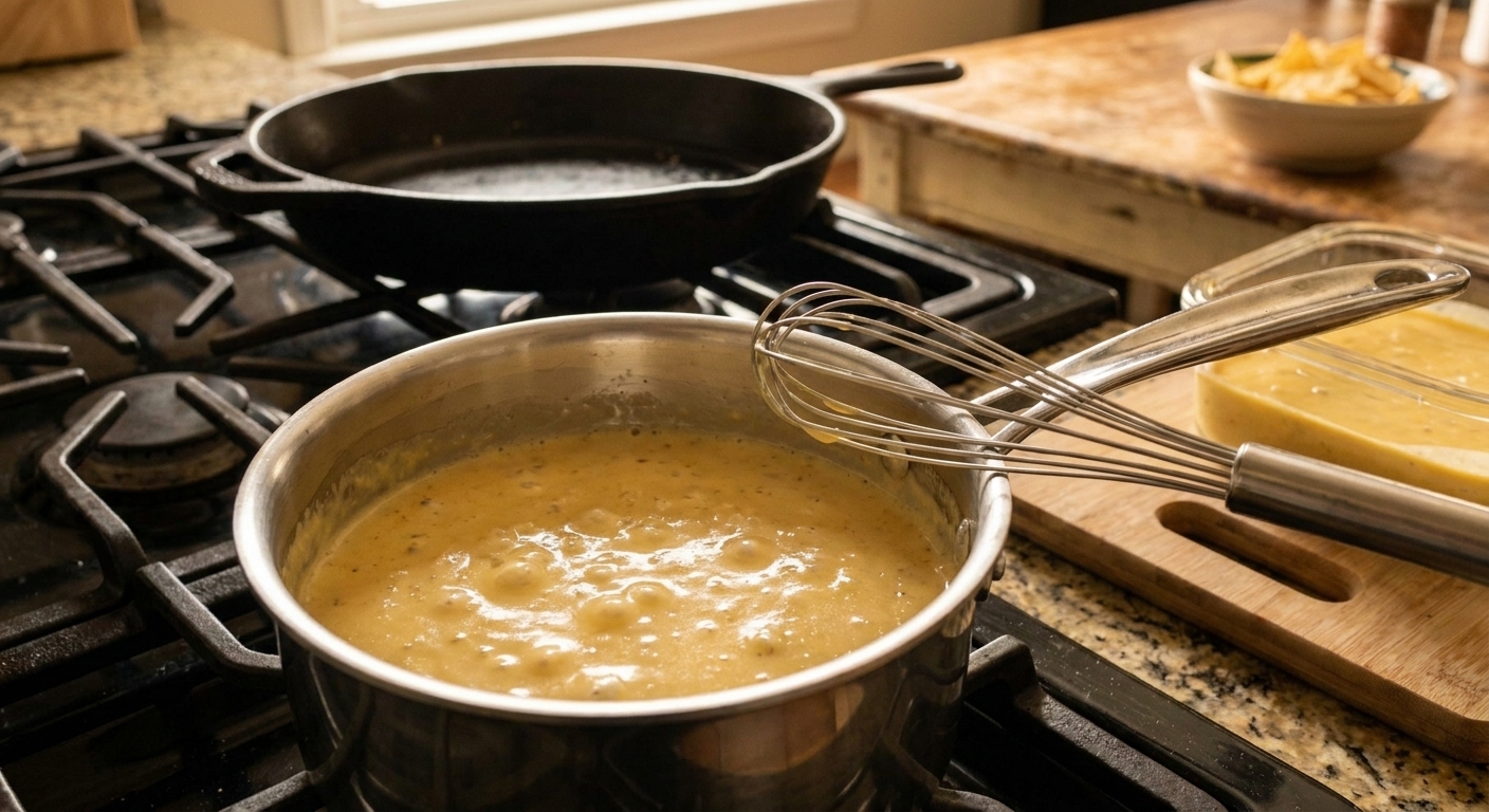 Creamy queso sauce gently bubbling in a saucepan on the stove with a whisk resting on the rim