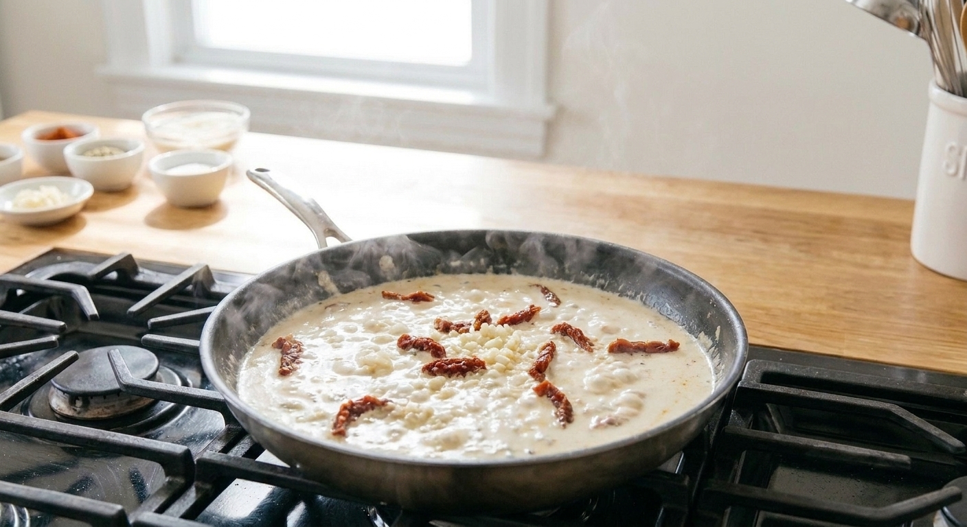 Creamy sauce gently simmering in a skillet with sun-dried tomatoes and garlic visible on the surface