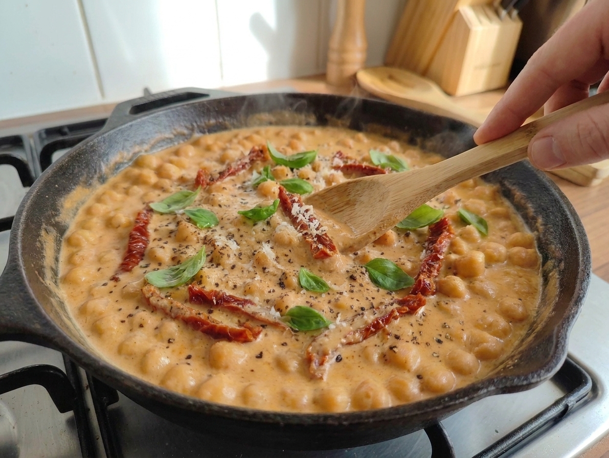 Creamy sauce simmering with chickpeas and sun-dried tomatoes in a skillet with a wooden spoon stirring