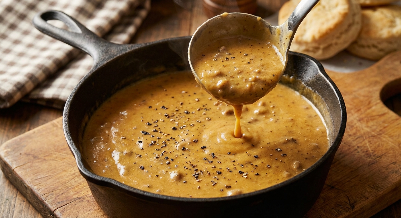 Creamy sausage gravy in a saucepan with black pepper visible, ladle lifting gravy, warm kitchen lighting, photorealistic food photography