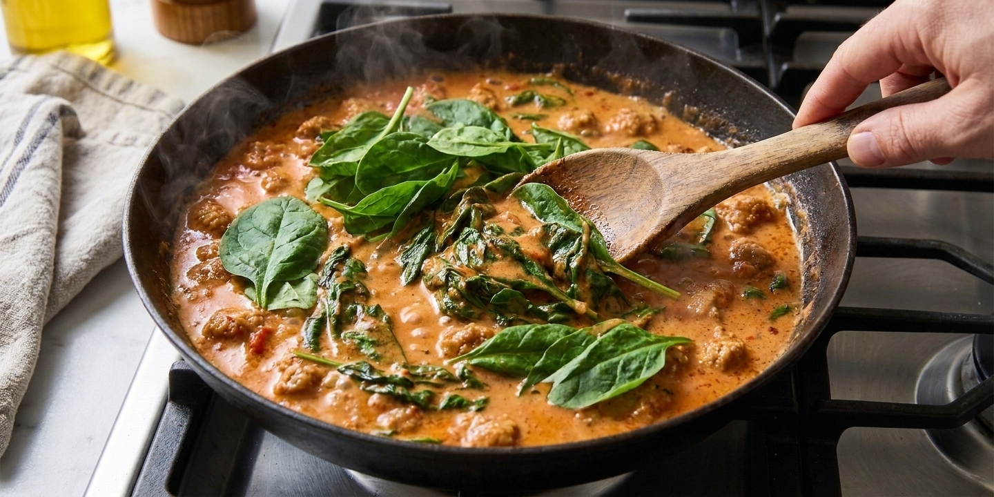 Creamy sausage sauce simmering as fresh spinach is stirred in and begins to wilt