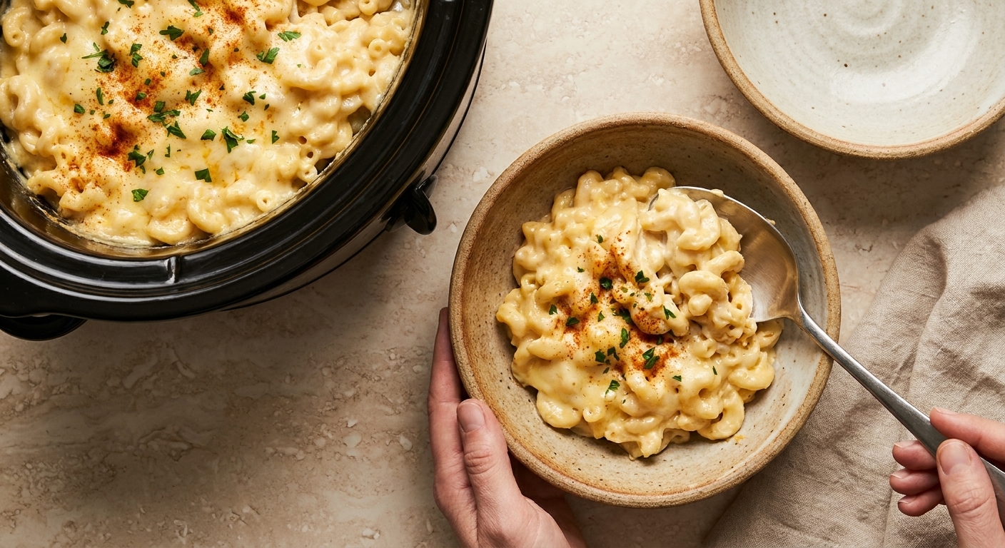 Creamy slow cooker mac and cheese being spooned into bowls