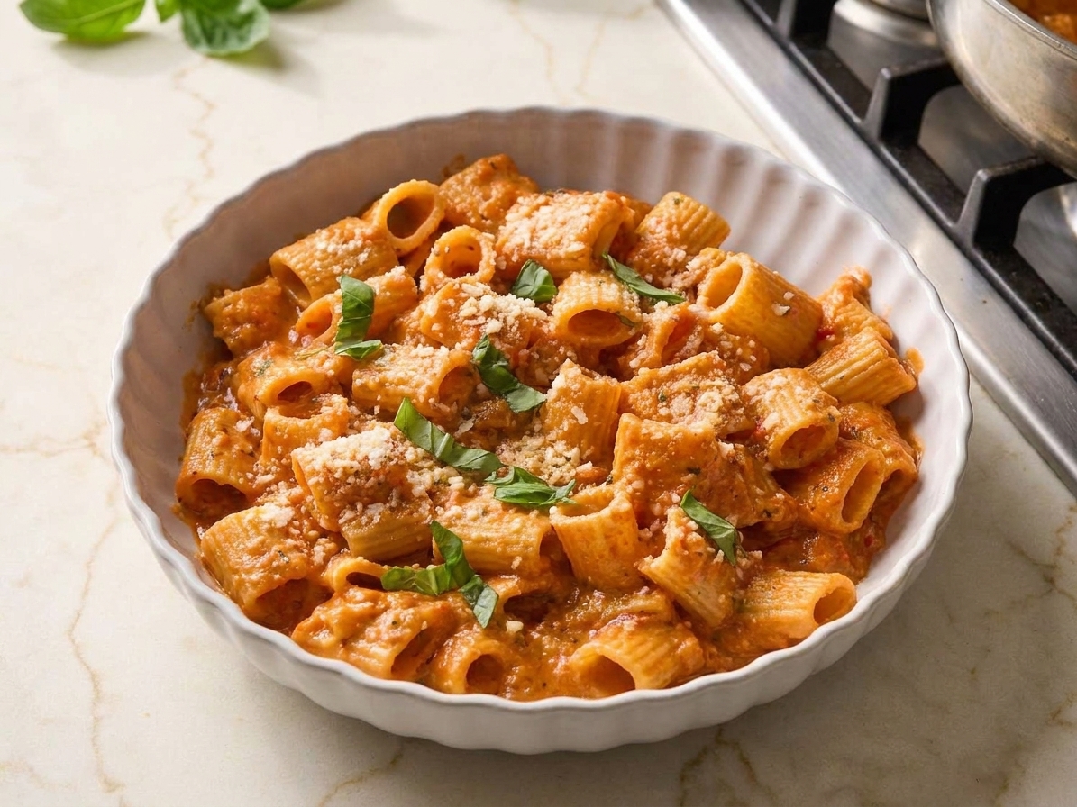 Creamy spicy tomato pasta plated in a shallow bowl and topped with freshly grated parmesan and basil
