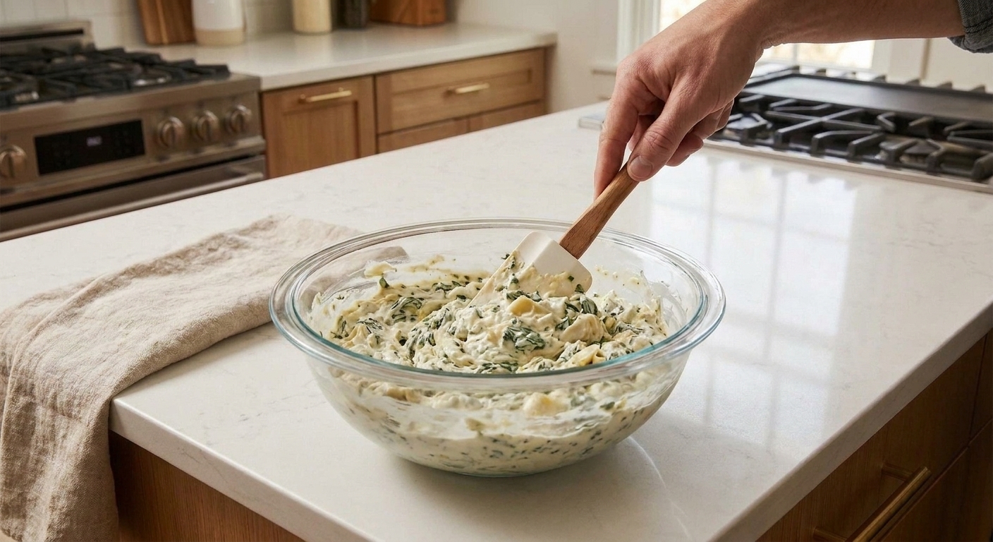Creamy spinach artichoke filling being stirred in a glass mixing bowl with a rubber spatula on a bright kitchen counter