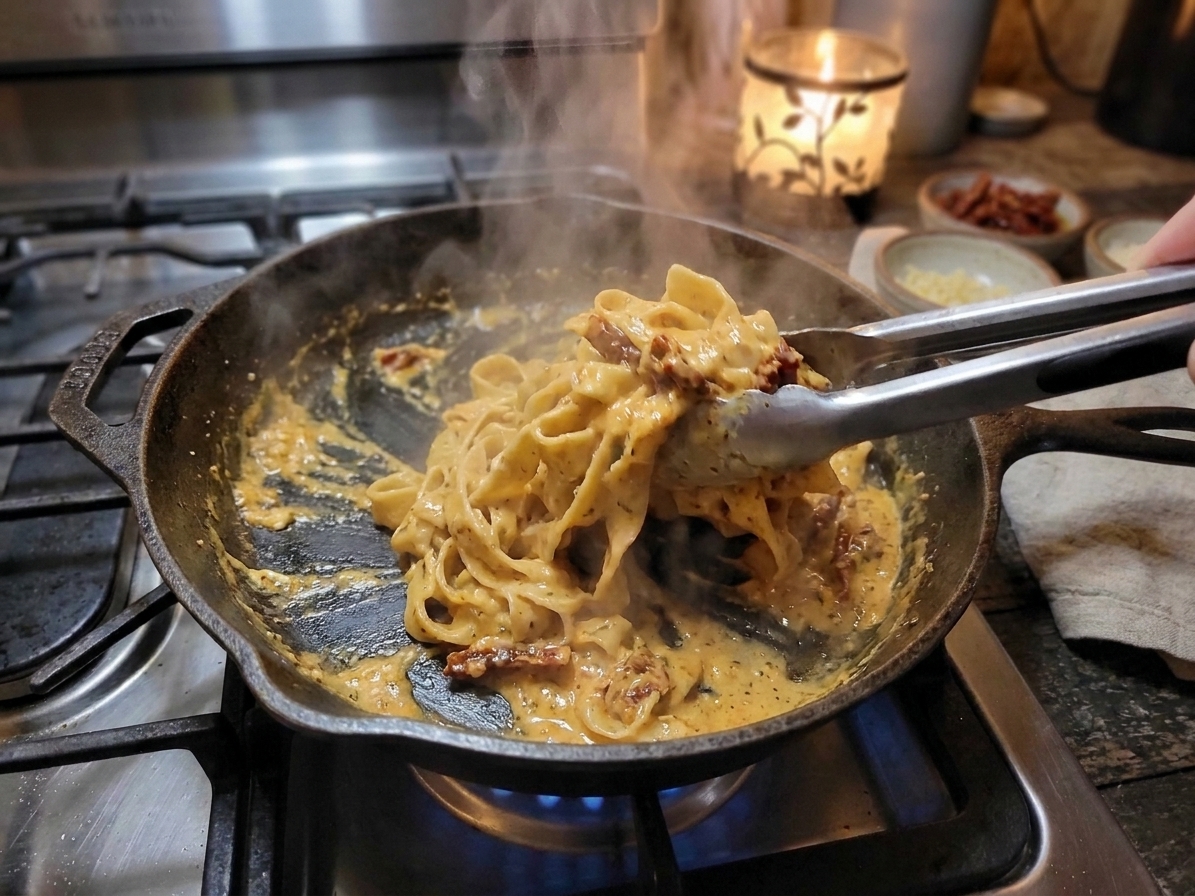 Creamy sun-dried tomato pasta being tossed in a large skillet with tongs, steam rising under warm kitchen lighting