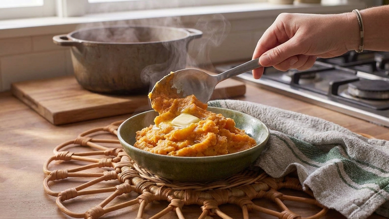 Creamy sweet potato mash being spooned into a serving bowl with butter melting on top on a simple dinner table setting