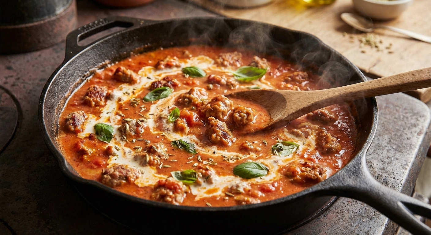 Creamy tomato sauce with browned Italian sausage simmering in a deep skillet