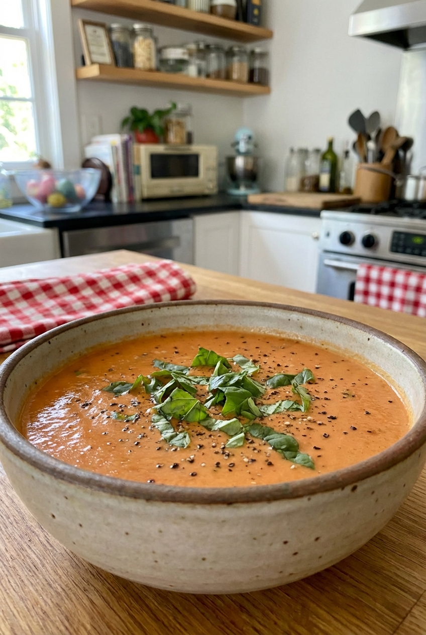 Creamy tomato soup topped with basil and cracked black pepper
