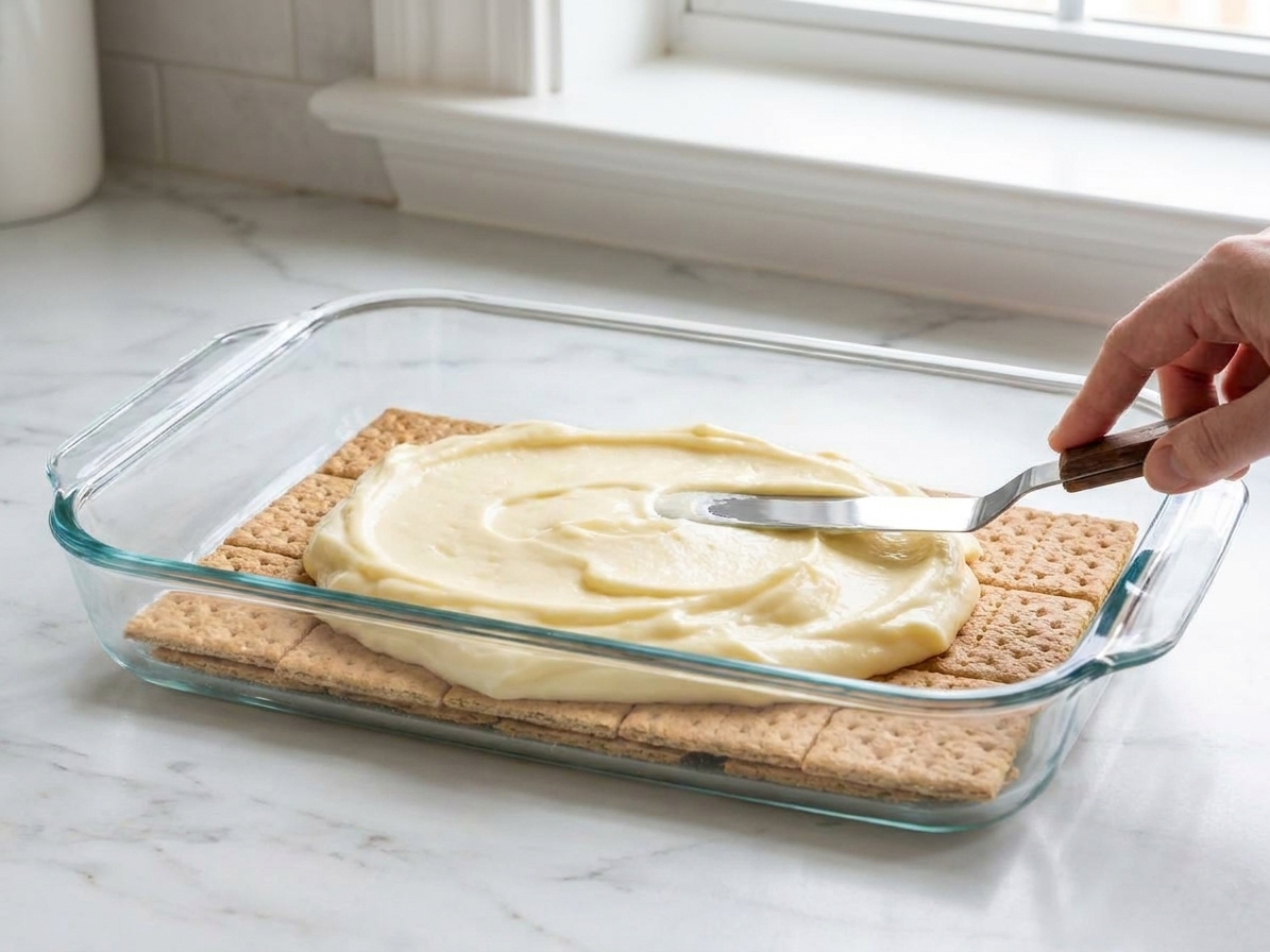 Creamy vanilla filling being spread evenly over a layer of graham crackers in a 9x13 baking dish