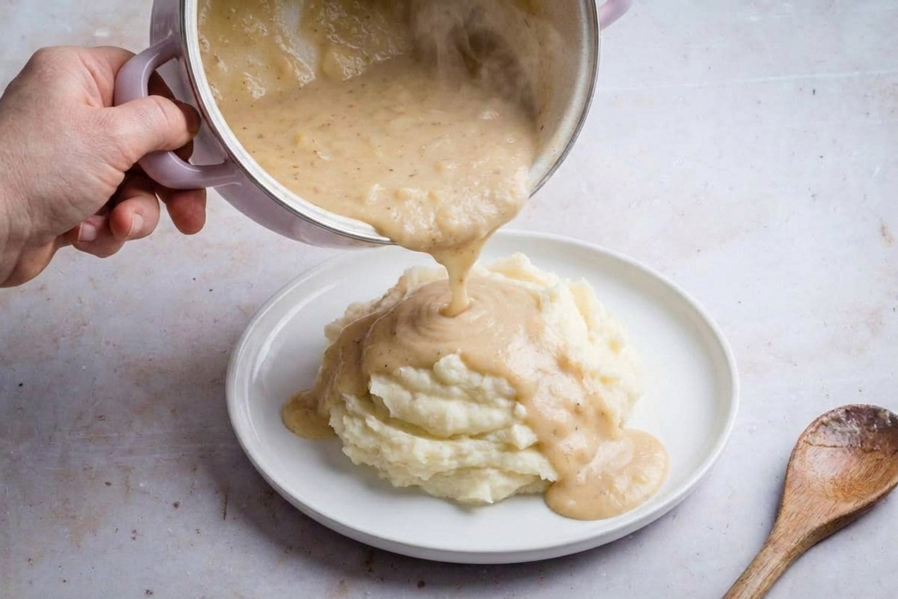 Creamy whipped potato gravy being poured from a small saucepan over a mound of mashed potatoes on a dinner plate