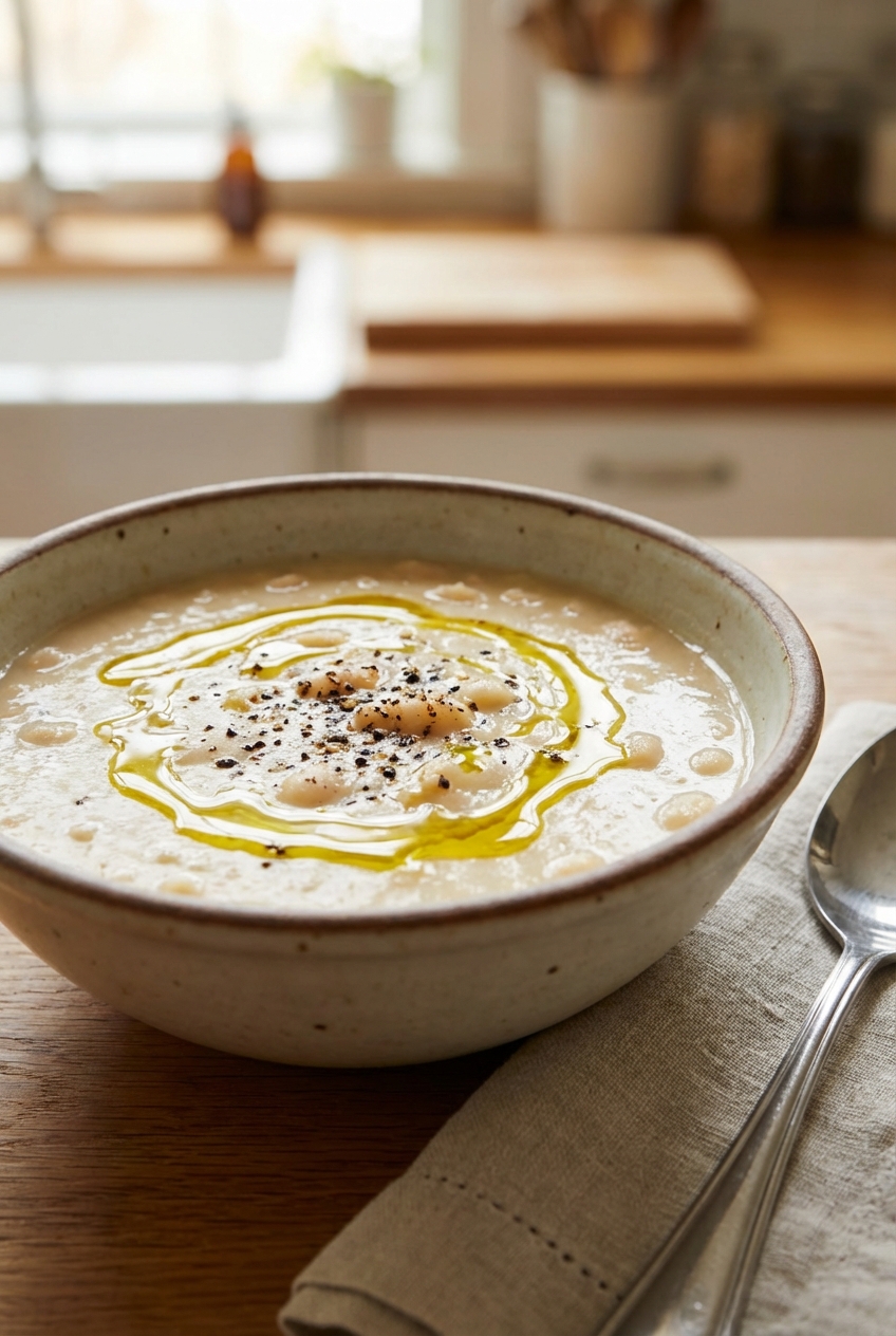 Creamy white bean soup in a bowl with an olive oil drizzle and cracked pepper