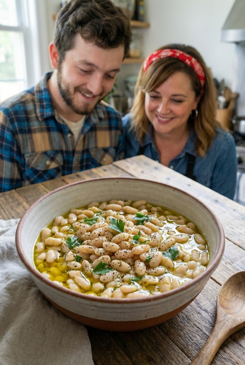 Creamy white beans in a bowl with olive oil and cracked pepper