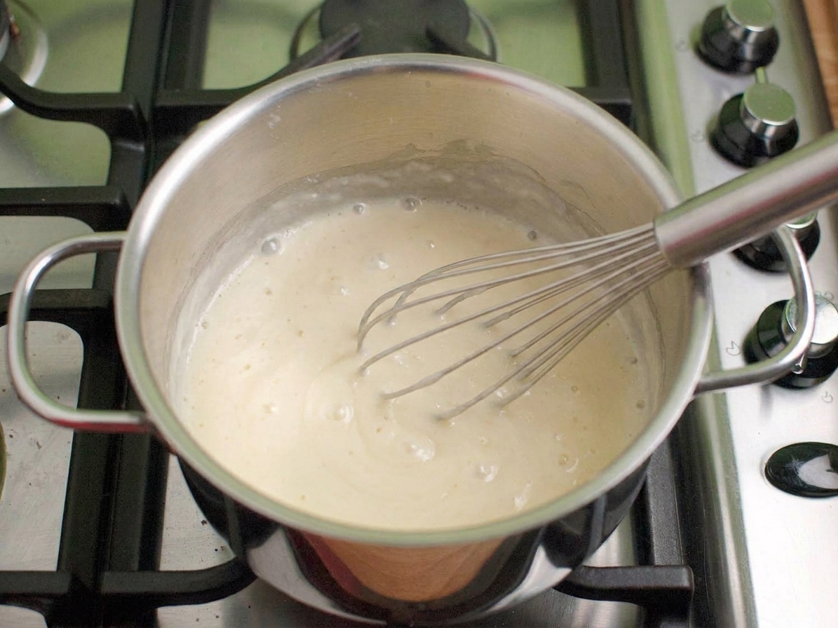 Creamy white sauce gently simmering in a saucepan with a whisk resting inside