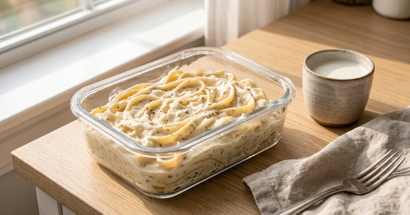 Creamy white sauce pasta stored in a clear airtight glass container on a kitchen counter with a small cup of milk nearby