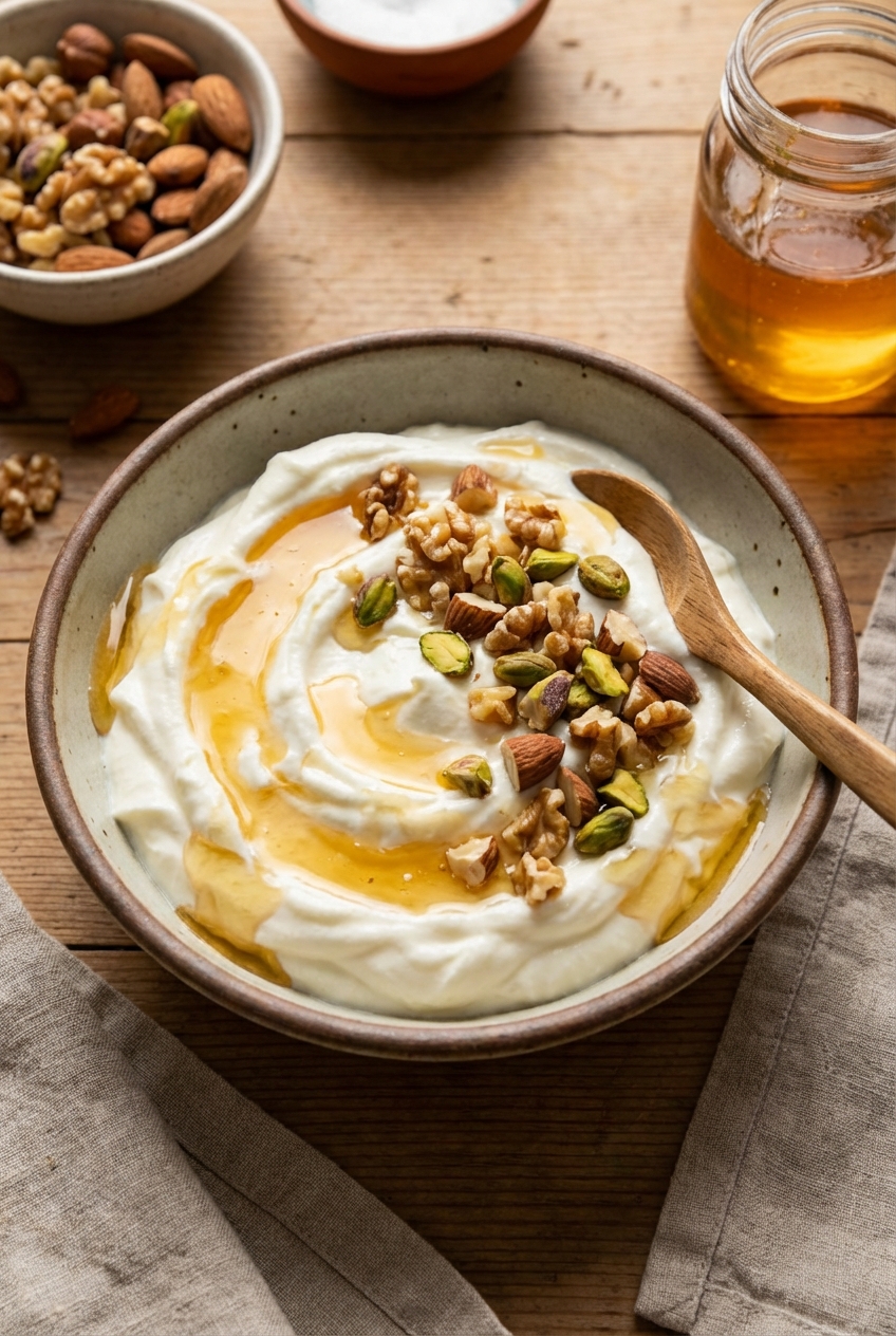 Creamy yogurt topped with honey and chopped nuts