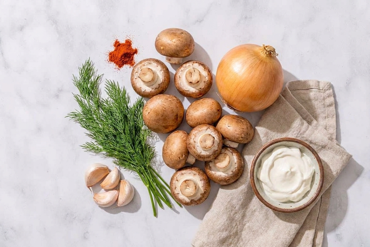 Cremini mushrooms, a yellow onion, garlic, fresh dill, paprika, and a small bowl of sour cream arranged on a light kitchen counter with neutral linens