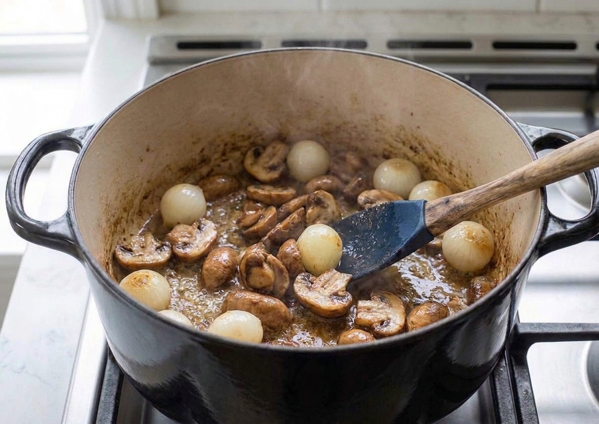 Cremini mushrooms and pearl onions browning in a skillet with butter