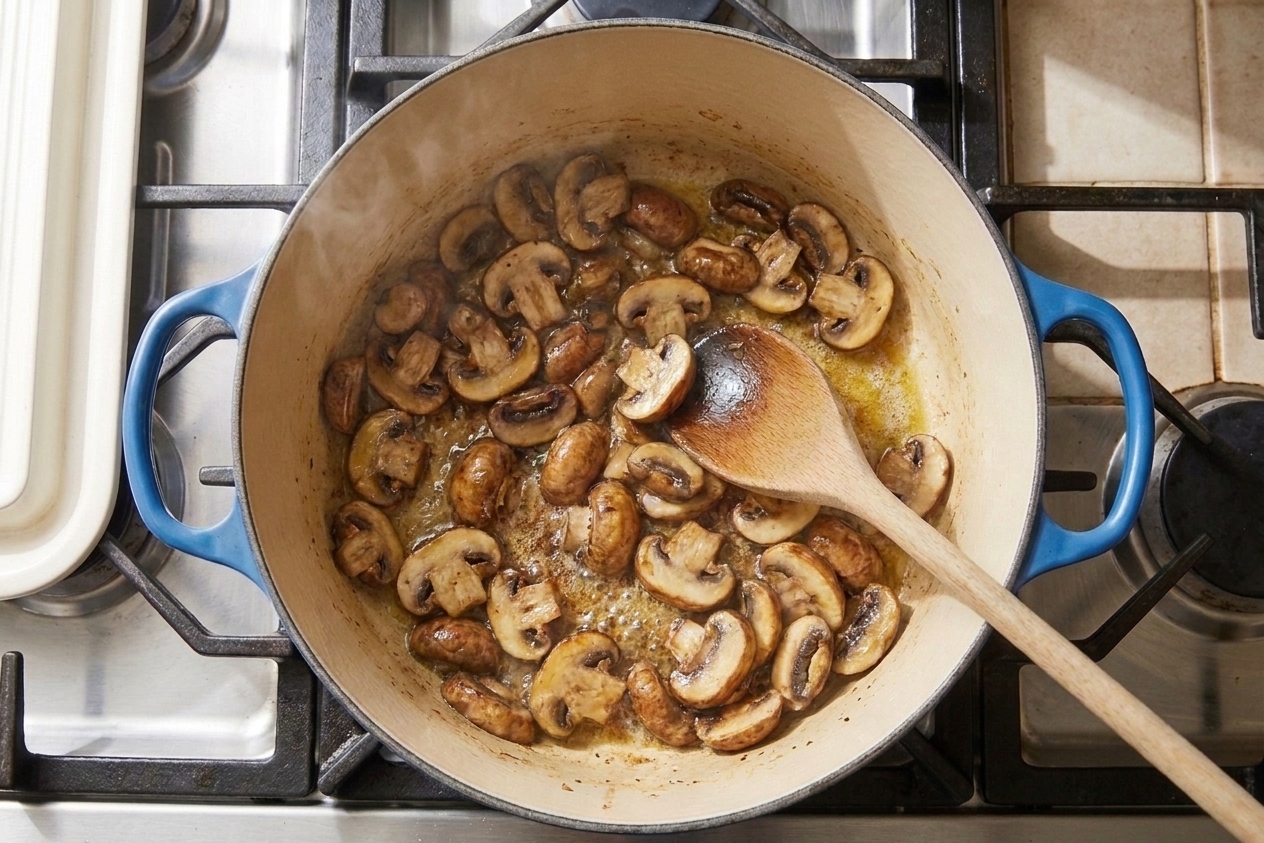 Cremini mushrooms browning in a buttered skillet on the stovetop
