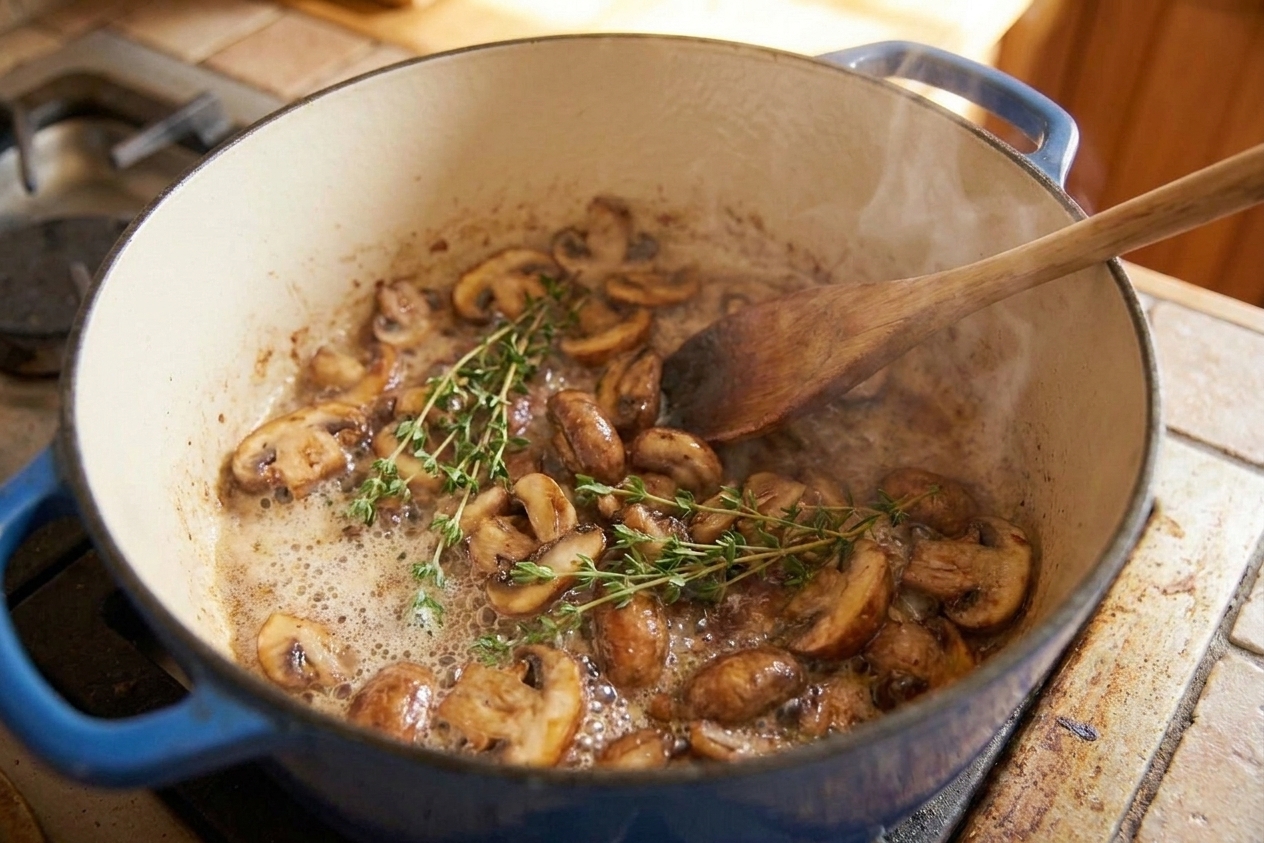 Cremini mushrooms browning in a skillet with butter, showing golden edges and a few sprigs of thyme