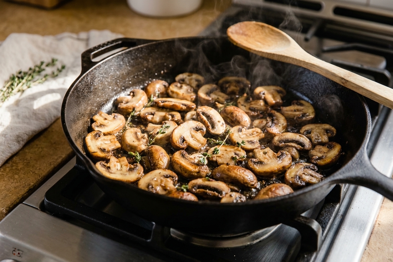 Cremini mushrooms browning in a wide skillet with butter, showing golden edges and light steam rising, stovetop action shot
