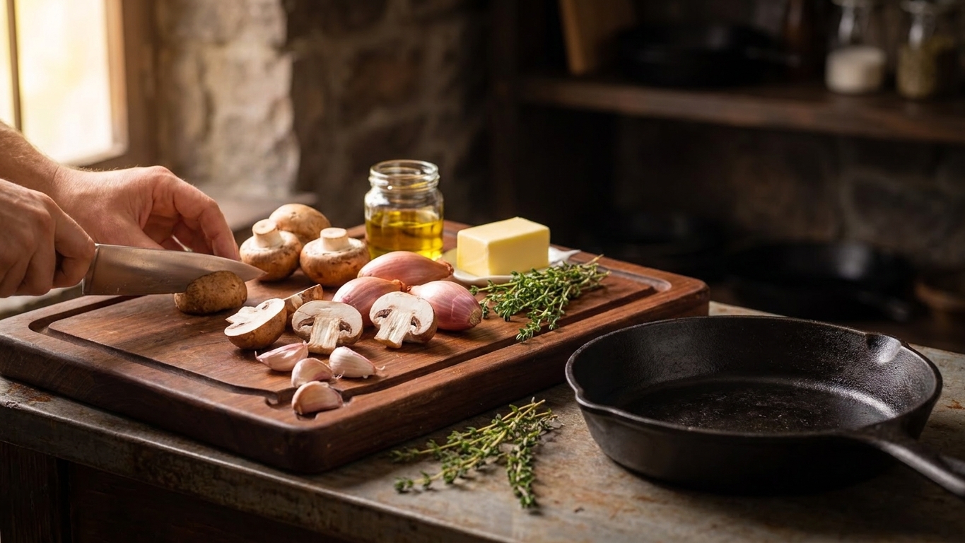 Cremini mushrooms, shallots, garlic, thyme, butter, and olive oil arranged on a cutting board beside a skillet on a kitchen counter