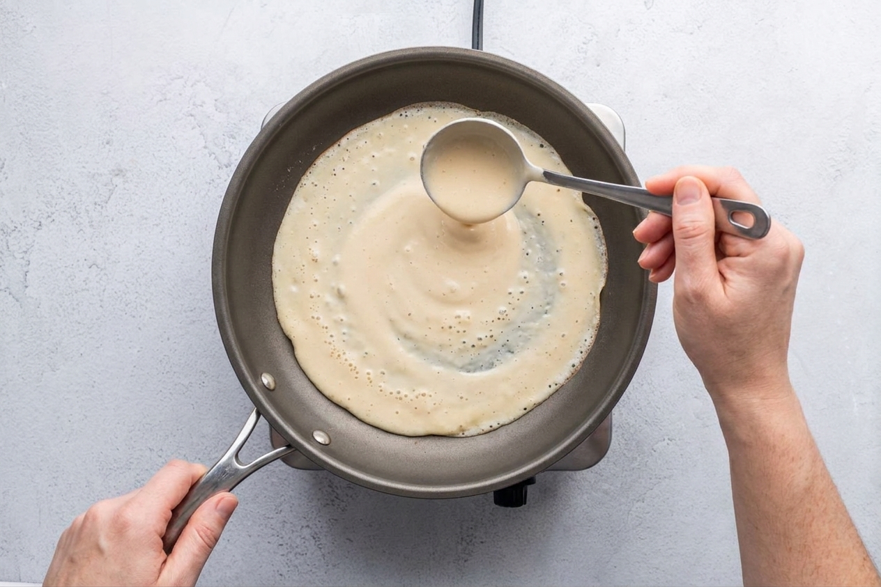 Crepe batter being poured into a warmed nonstick skillet as the pan is tilted to swirl the batter into a thin circle