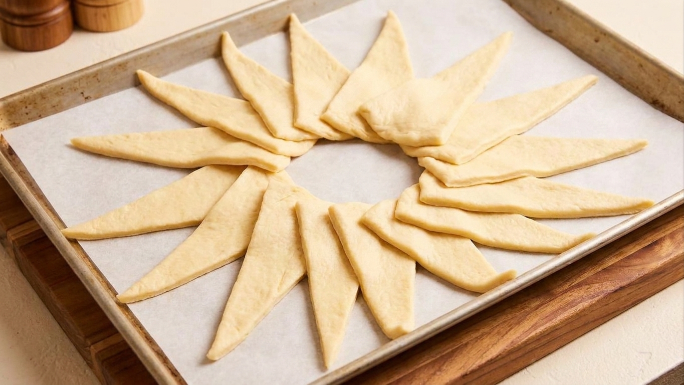 Crescent roll dough triangles arranged in a circle on parchment paper on a baking sheet, with the wide ends overlapping in the center