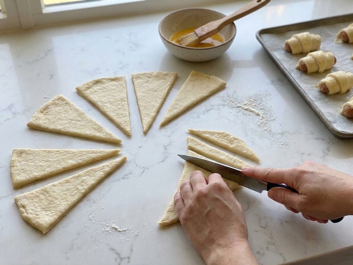 Crescent roll dough triangles being cut into long strips on a counter