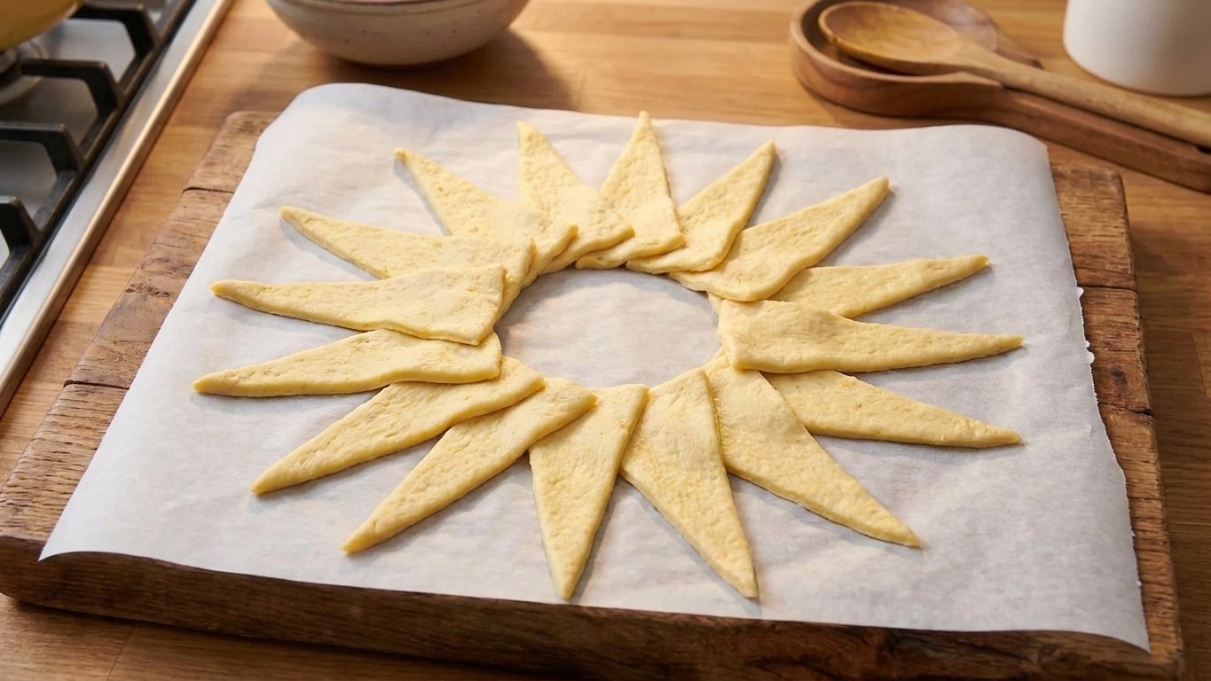 Crescent roll triangles arranged in a circle on parchment paper with points facing outward