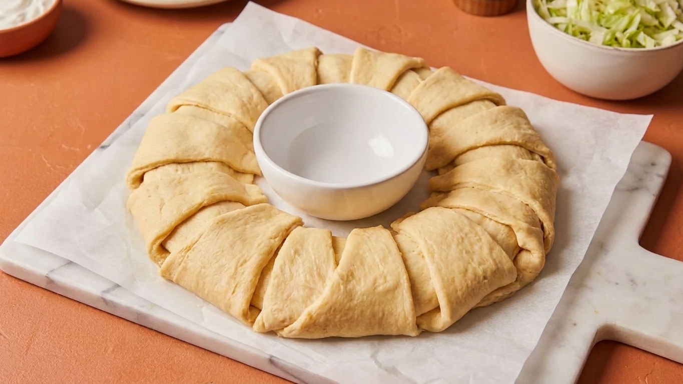 Crescent roll triangles arranged in a circle on parchment paper with a small bowl in the center as a guide on a kitchen counter