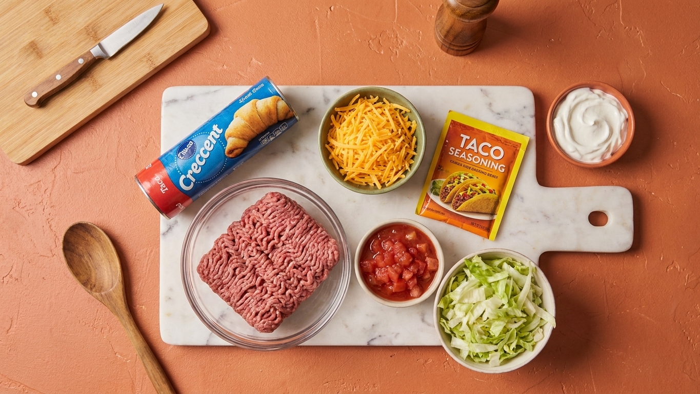 Crescent rolls, ground beef, shredded cheddar, taco seasoning, salsa, sour cream, and chopped lettuce arranged on a clean kitchen counter in consistent warm lighting