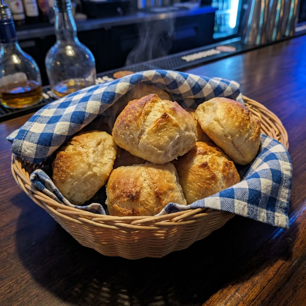 Crisp dinner rolls in a basket with a cloth napkin