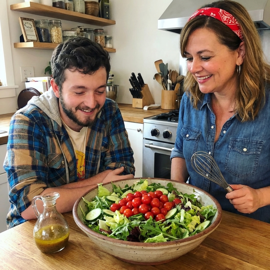 Crisp green salad with cherry tomatoes and vinaigrette in a large bowl
