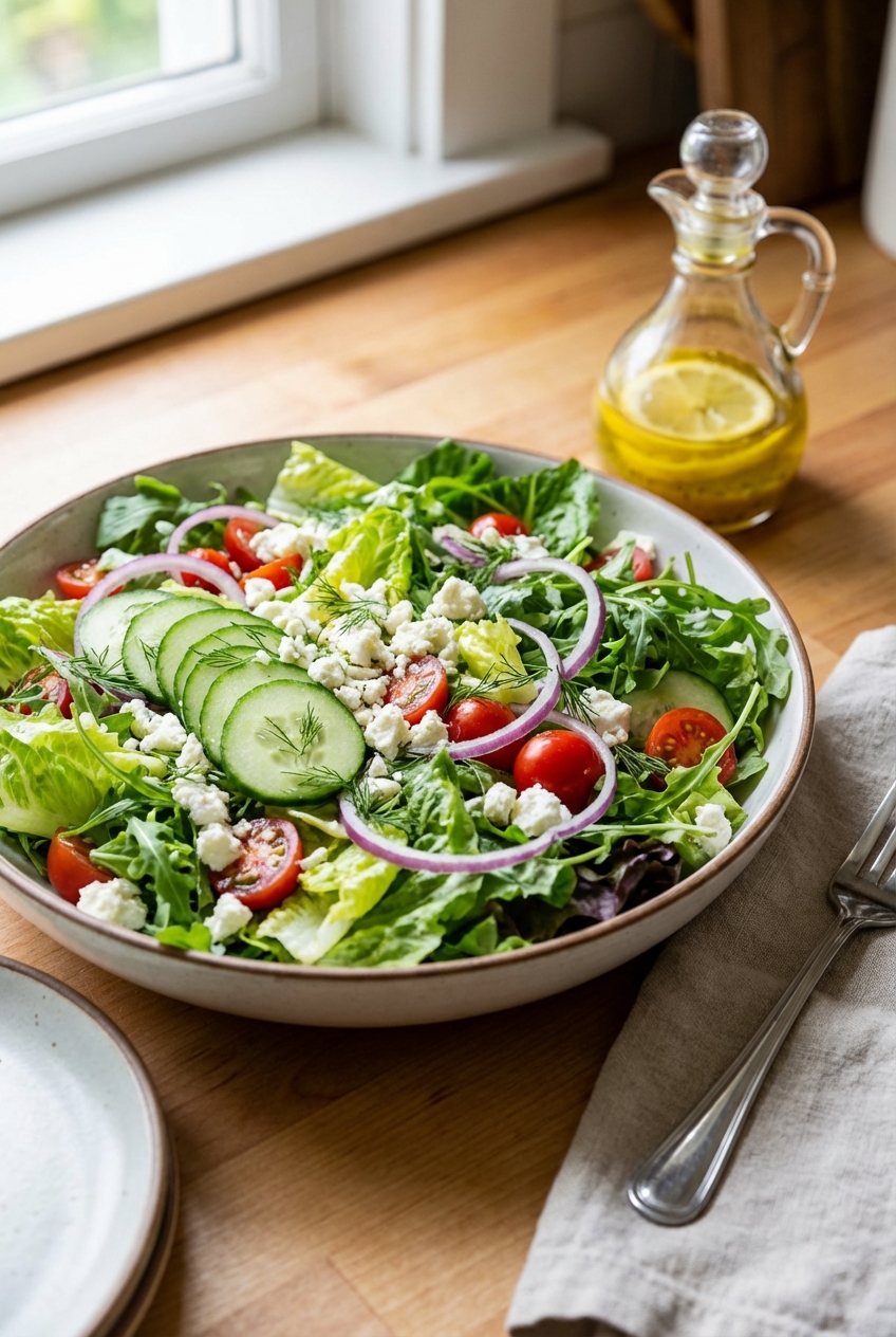 Crisp green salad with cucumbers and lemon vinaigrette