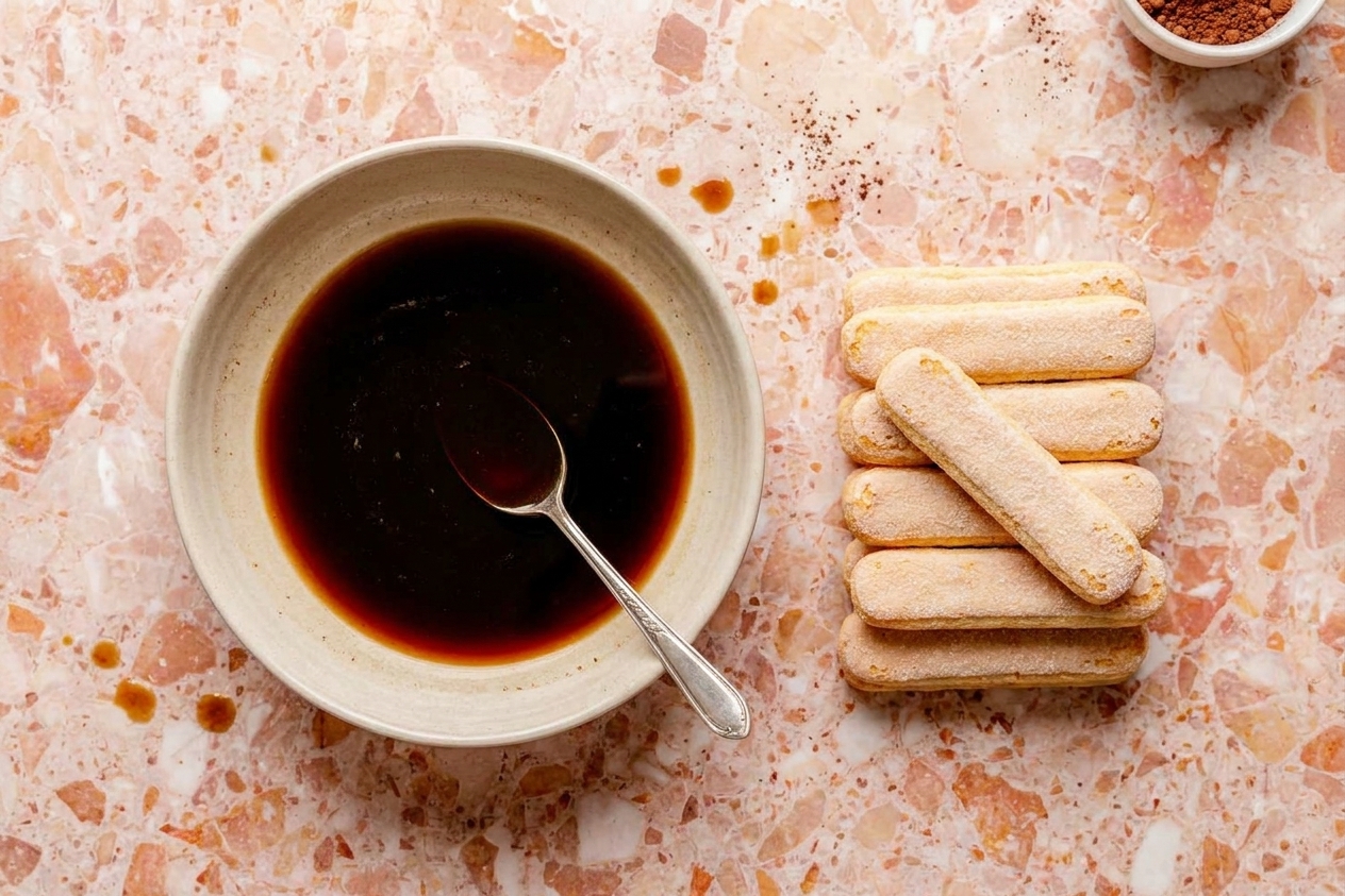 Crisp ladyfingers and a shallow bowl of cooled espresso set up for quick dipping on a clean kitchen counter
