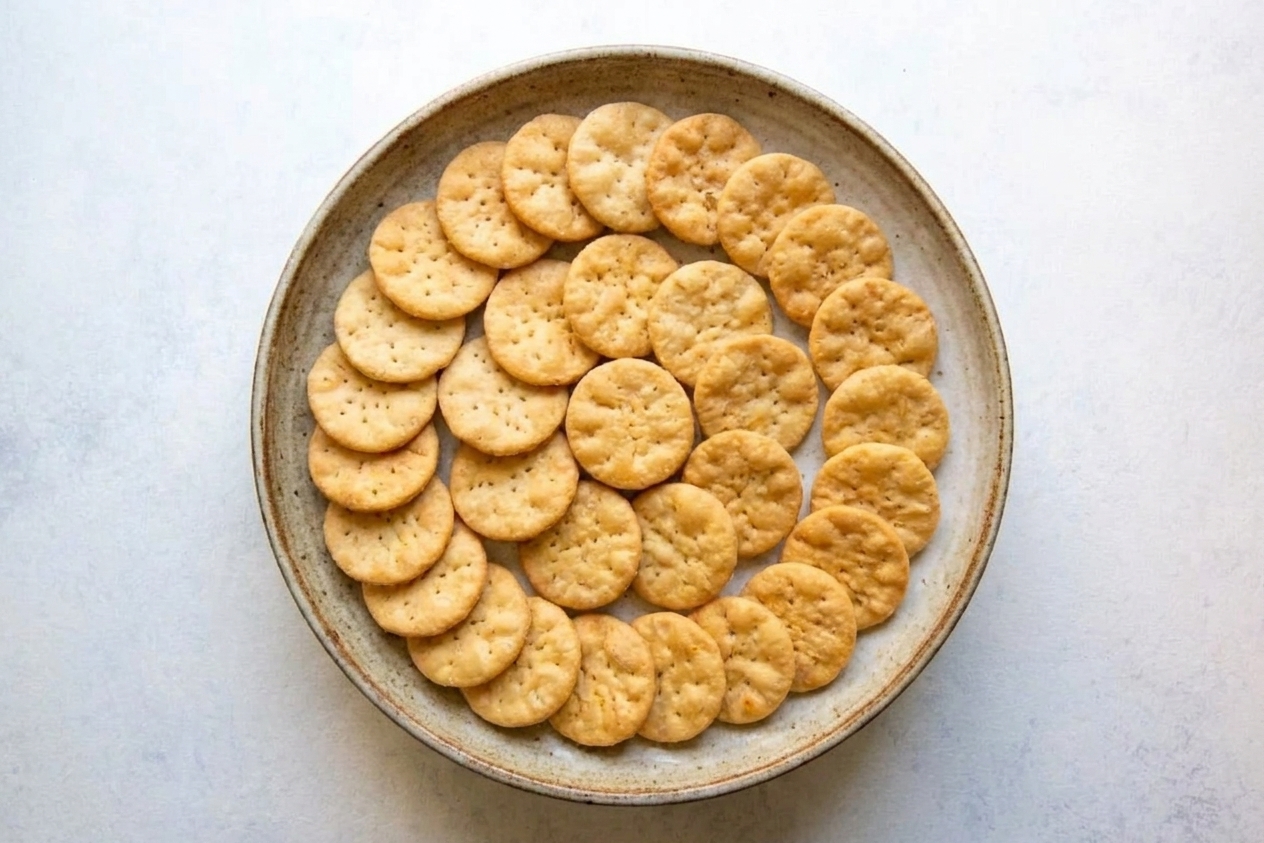 Crisp papdi crackers arranged in a single layer on a serving platter on a kitchen table