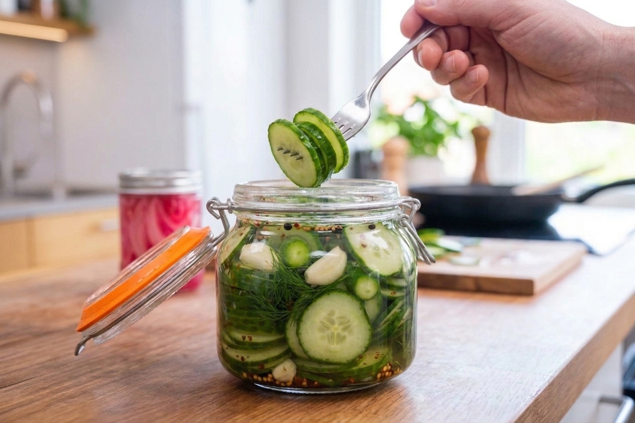 Crisp pickled cucumber slices being lifted from a jar with a fork, with dill and peppercorns visible in the brine